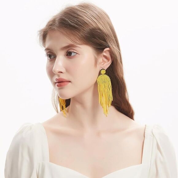 Long Boho Yellow Beaded Tassel Fringe Dangling Drop Fan Chandelier Post Earrings - Picture 4 of 7